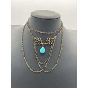 Vintage-Style Turquoise Pendant Necklace With Brass Chains & Adjustable Length